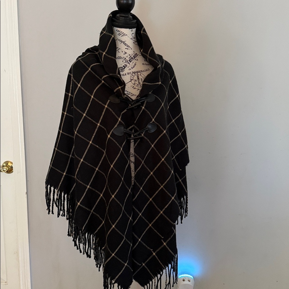Black Plaid Poncho with Fringe